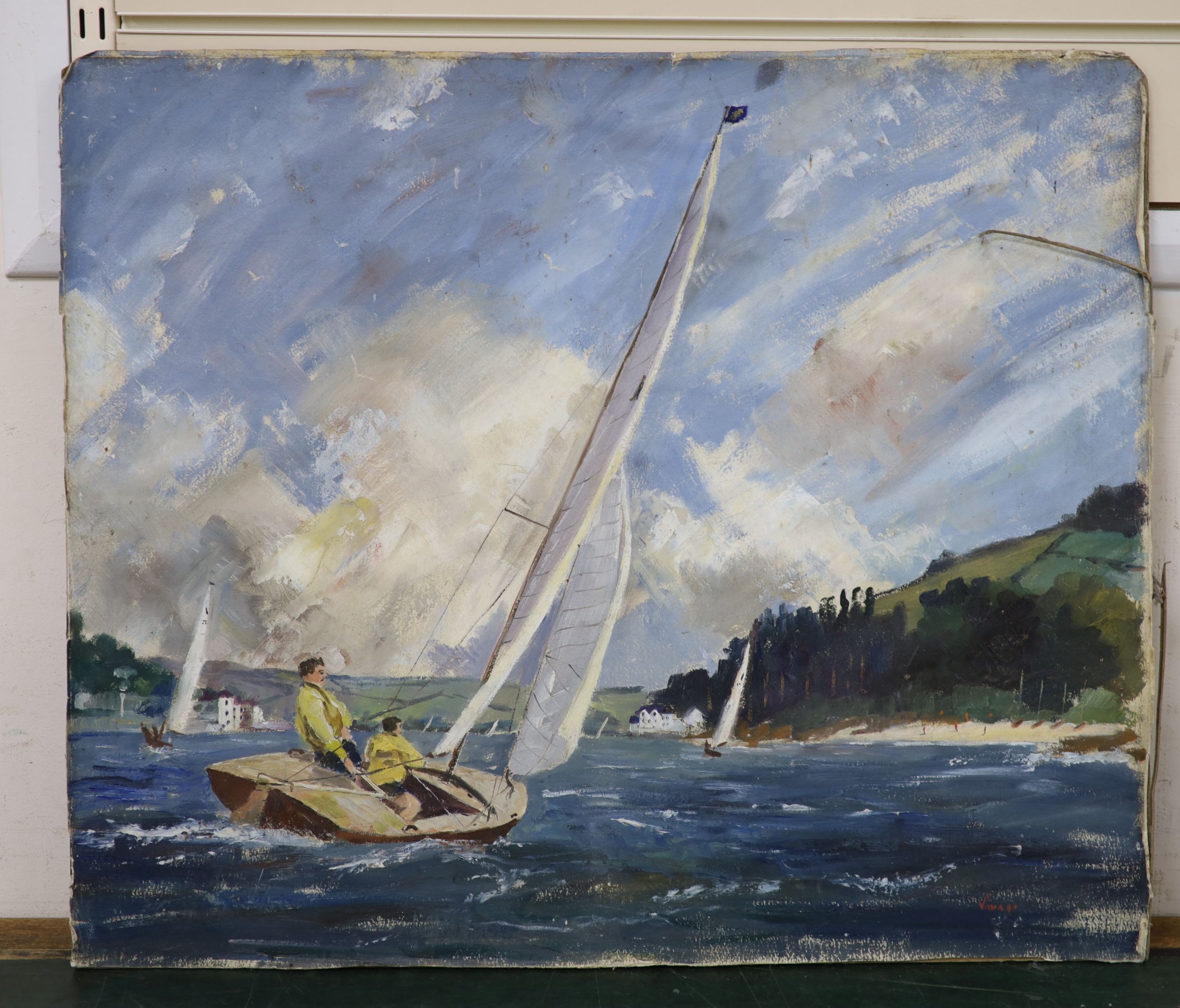 Francis Savage (1908-1085), oil on paper laid on board, Sailing boat on an estuary, signed, 52 x 61cm, unframed